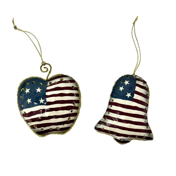 Patriotic Metal Christmas Ornaments - Set of 4 - Bell, Apple, Heart & Star paint - Picture 2 of 4